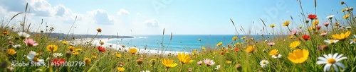 Serene coastal meadow scene, wildflowers blooming amidst sea oats and gently swaying grasses under a bright summer sky Perfect for travel, nature, and coastal living themes , scenery, grasses, green