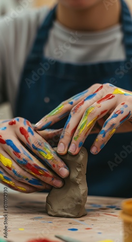 Creative expression takes shape as hands mold clay adorned with colorful paint splatters