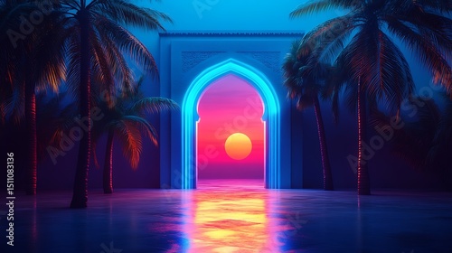 Sunset archway, palm trees, neon glow