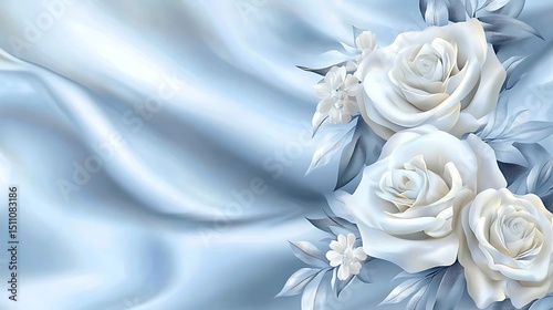 Light blue silk fabric with white roses