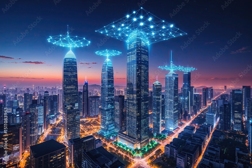 Fototapeta premium Urban Connectivity with Skyscrapers and Advanced Wireless Networks in a Lively Night Cityscape