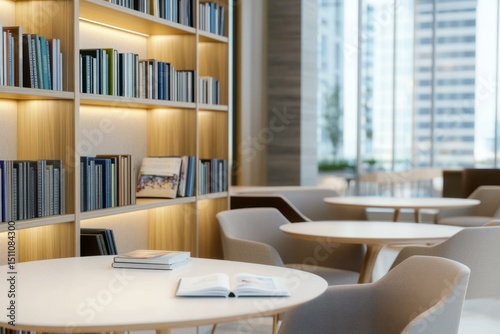  Modern library interior with elegant furniture and bookshelves in bright, spacious reading area with city view