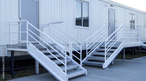 White modular building exterior with stairs