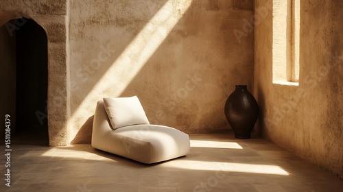 Beige lounge chair in sunlit room