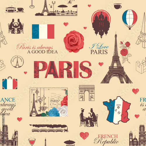 Hand drawn seamless pattern on France and Paris theme with lettering, architectural landmarks, map and flag. T-shirt design, travel postcard. Wallpaper, wrapping paper. No AI used