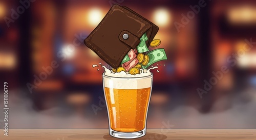 A wallet bursts open, letting cash and coins spill into a pint of beer at a vibrant bar