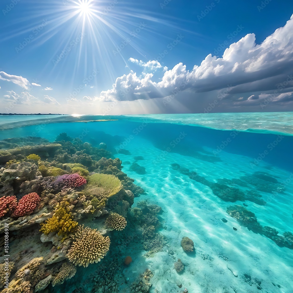 Naklejka premium Vibrant coral reef under sunny tropical sky