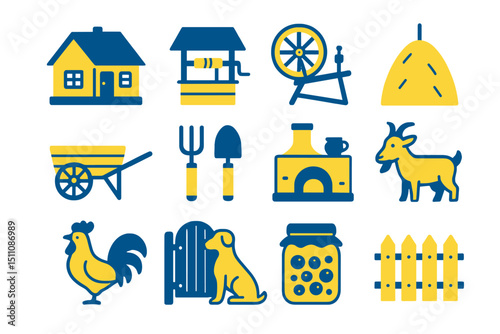 Farm icons set: wheelbarrow, goat, rooster, dog, house, tools, fireplace