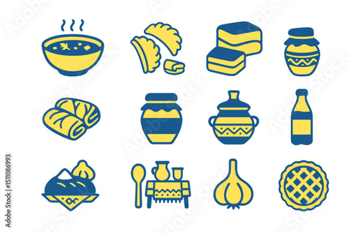 Traditional eastern european cuisine icons in blue and yellow design