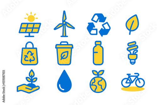 Eco-friendly icons: solar, wind, recycle, sustainability, conservation symbols