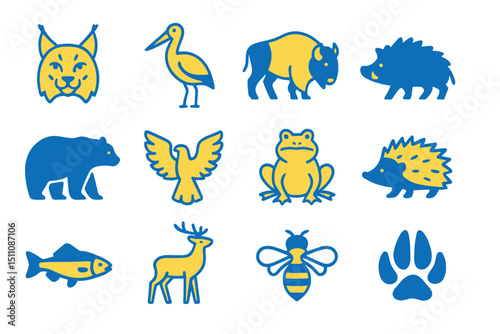 Yellow and blue animal silhouettes: birds, mammals, and insects