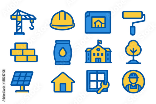 Construction icons: tools, helmet, architecture, school, energy, maintenance