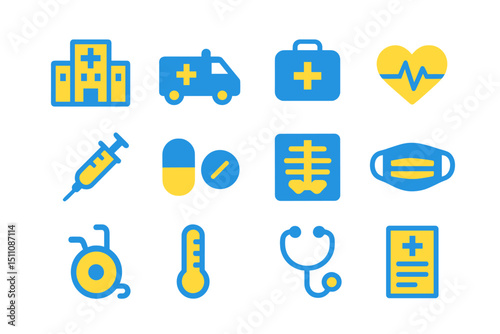 Vibrant medical icons on gradient background in blue and yellow tones
