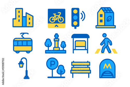 Urban transport icons: bus, tram, bicycle, parking, pedestrian, metro, traffic light