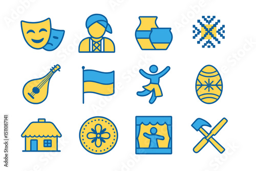 Traditional ukrainian symbols and icons on a blue background