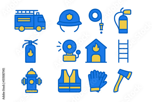 Fire safety equipment icons: helmet, hydrant, extinguisher, firetruck, axe