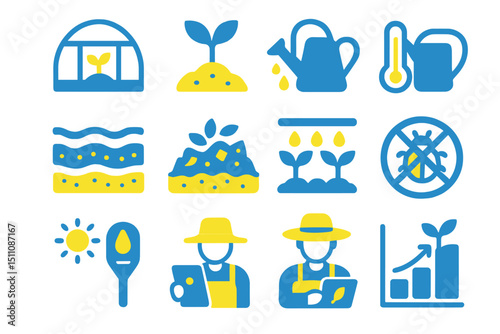 Sustainable farming symbols: growth, watering, temperature, soil, monitoring