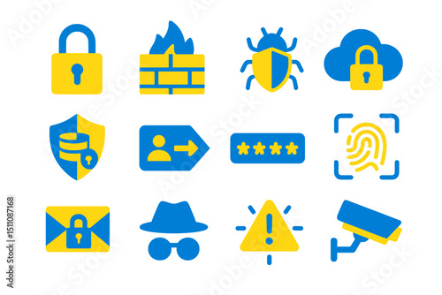 Cybersecurity symbols: lock, firewall, shield, password, surveillance icons