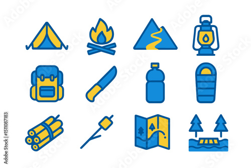 Icons of outdoor camping gear: tent, backpack, fire, map, knife, lantern