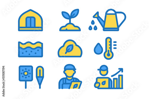 Blue and yellow agriculture technology icons on blurred background