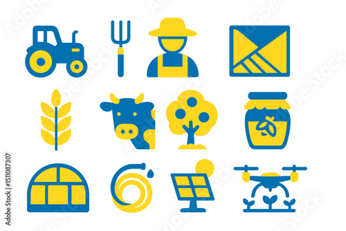 Bright farm icons: tractor, farmer, cow, barn, beehive, drone, wheat