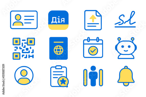 Digital icons featuring id, passport, qr code, and ai robot elements