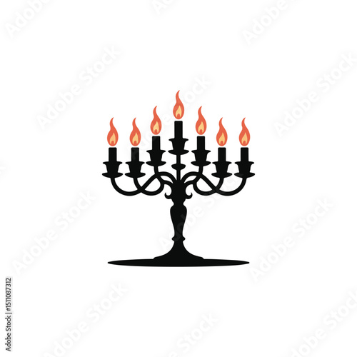 Elegant Menorah Silhouette for Holiday Design,A stylized, silhouette illustration of a traditional menorah with lit candles.