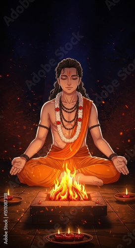 A spiritual figure in traditional attire meditates peacefully amid flickering flames and candles