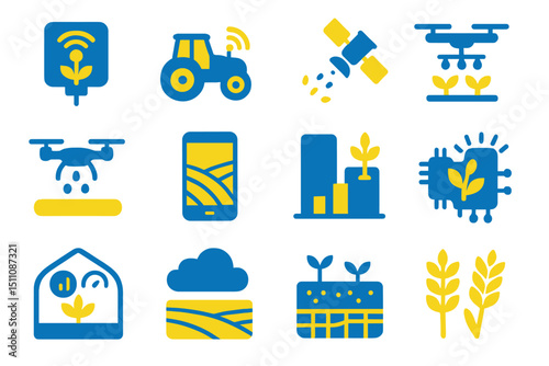 Smart farming technology icons with drones, sensors, and tractors