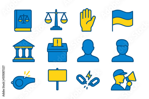 Ukraine legal icons: justice, voting, rights, government, whistleblower