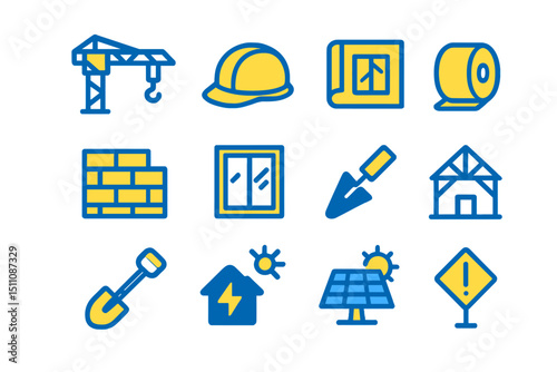 Construction icons: tools, safety gear, blueprints, and solar panels