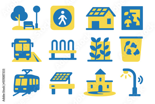 Eco-friendly urban icons: transportation, recycling, sustainable living symbols