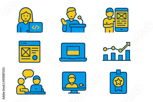 Technology icons set featuring coding, presentation, mobile, and analytics
