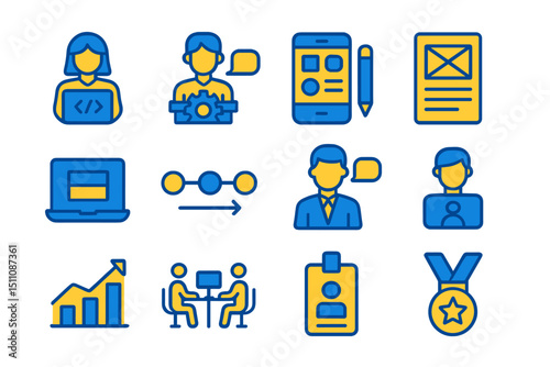 Blue and yellow icons of office work and technology on gradient background
