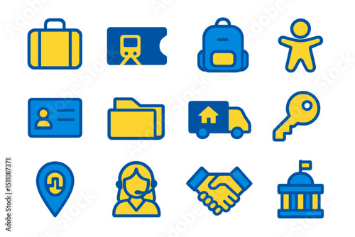 Blue and yellow icons of travel and business essentials on blurred background
