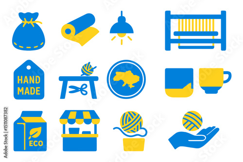 Vibrant craft icons: handmade, eco, and market symbols in blue and yellow