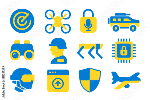 Futuristic ai icons in blue and yellow glow