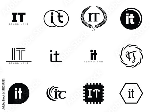 IT logo company template. Letter i and t logotype. Set different classic serif lettering and modern bold text with design elements. Initial font typography.
