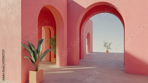 Minimalist pink archway pathway with potted plants