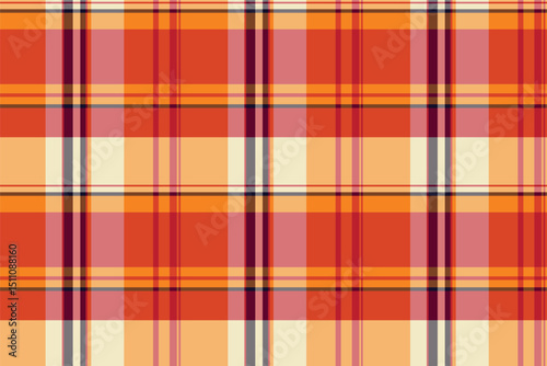 Warm, inviting plaid pattern with orange, red, and beige hues. A versatile background for design, textiles, or fashion projects. Evokes autumn coziness.
