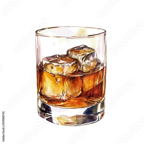 watercolor of Whiskey Glass, vector high quality, isolated on a white background.