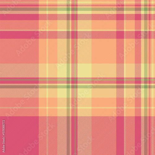 Vibrant plaid pattern in shades of pink, yellow and peach. Versatile background for designs, textiles, or web use. Evokes warmth and comfort.