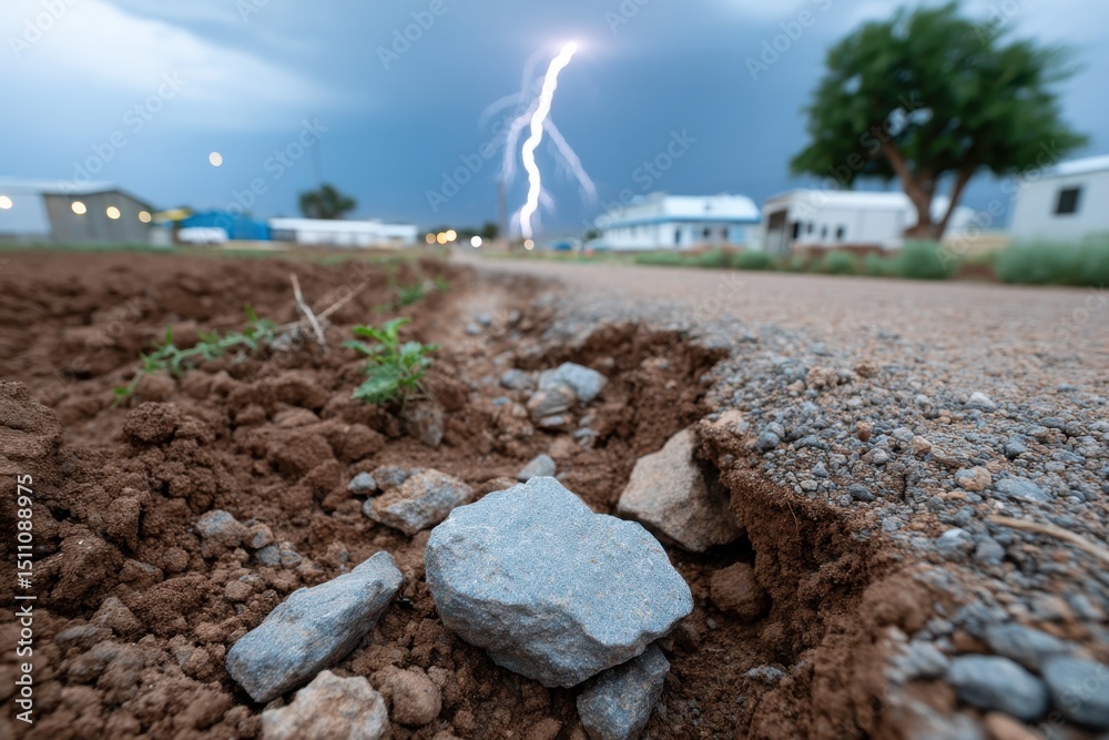 Fototapeta premium An intense scene capturing lightning striking during a storm, with a focus on rocky soil in the foreground, symbolizing nature's power and the drama of weather phenomena.