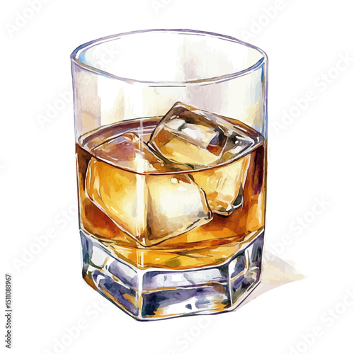 watercolor vector of Whiskey Glass, high quality, isolated on a white background.