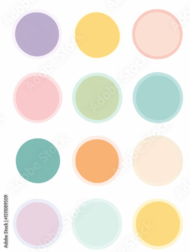 Flat vector sheet of round planner stickers in soft pastel colors with clean outlines, ideal for bullet journaling, mood tracking, printables, and productivity planners