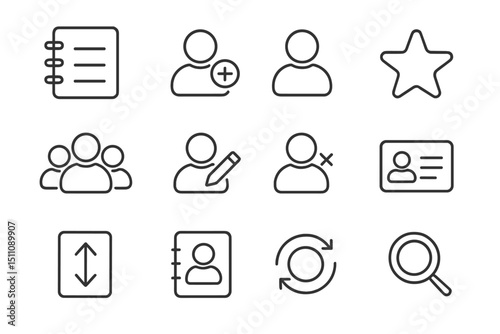 User interface icons set: contacts, profile, star, zoom, arrow, and notebook symbols