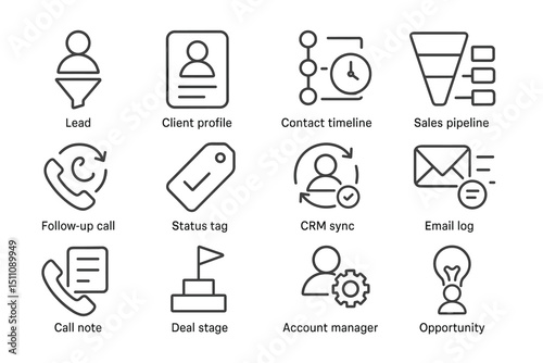 Business icon set illustrating crm process with sales and communication tools