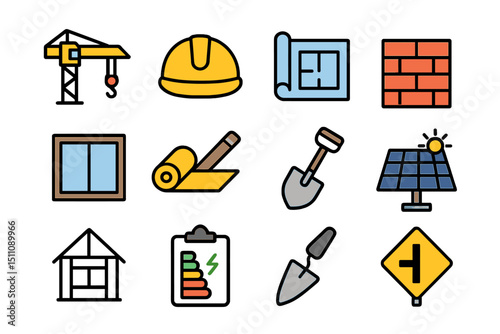 Construction icons set: tools, plans, hardhat, solar panel, bricks