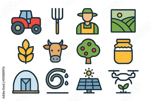 Illustrated farm icons: tractor, farmer, cow, solar panel, drone, harvest