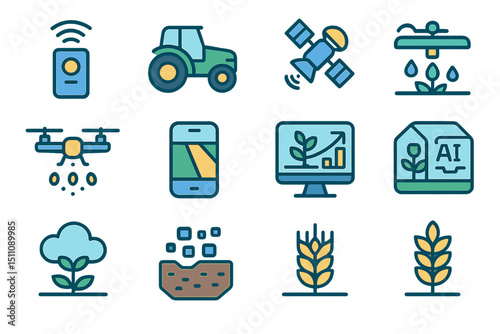 Smart agriculture icons: drone, satellite, ai, and gps technology overview